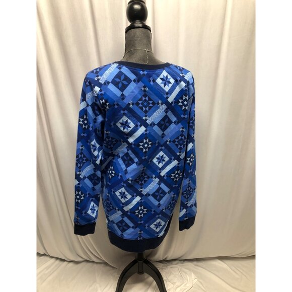 Lands End Serious Sweats Womens Sz Large 14-16 Blue Patchwork Print Long Sleeve - Picture 4 of 9